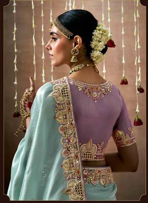 Light Sky Blue Tissue Dola Silk Zari With Weaving Heavy Embroidery & Heavy Designer Contras Blouse 4