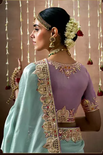 Light Sky Blue Tissue Dola Silk Zari With Weaving Heavy Embroidery & Heavy Designer Contras Blouse