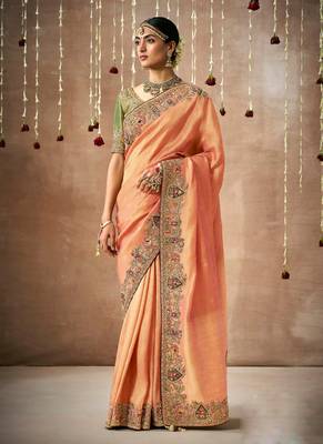 Coral Tissue Dola Silk Zari With Weaving Embroidery & Designer Contras Blouse 1