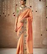 Coral Tissue Dola Silk Zari With Weaving Embroidery & Designer Contras Blouse