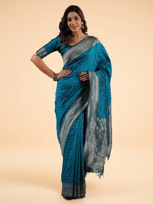 Teal Blue Banarasi art Silk Saree with Silver Zari Weaving 1