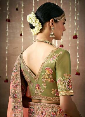Coral Tissue Dola Silk Zari With Weaving Embroidery & Designer Contras Blouse 2