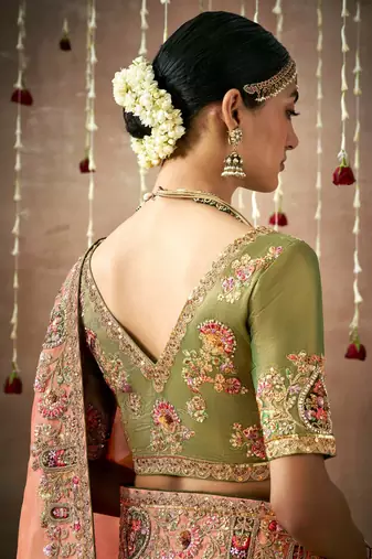 Coral Tissue Dola Silk Zari With Weaving Embroidery & Designer Contras Blouse
