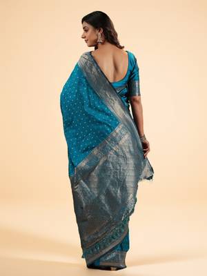 Teal Blue Banarasi art Silk Saree with Silver Zari Weaving 2