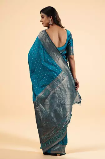 Teal Blue Banarasi art Silk Saree with Silver Zari Weaving