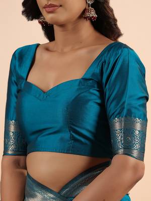 Teal Blue Banarasi art Silk Saree with Silver Zari Weaving 3