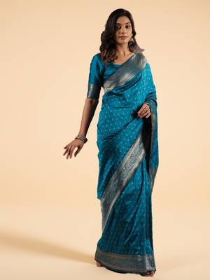 Teal Blue Banarasi art Silk Saree with Silver Zari Weaving 4