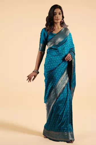 Teal Blue Banarasi art Silk Saree with Silver Zari Weaving