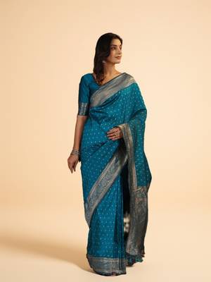 Teal Blue Banarasi art Silk Saree with Silver Zari Weaving 5
