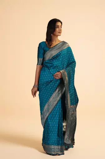 Teal Blue Banarasi art Silk Saree with Silver Zari Weaving