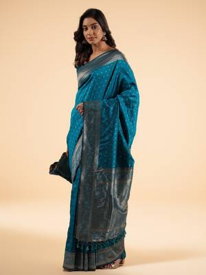 Teal Blue Banarasi art Silk Saree with Silver Zari Weaving 6