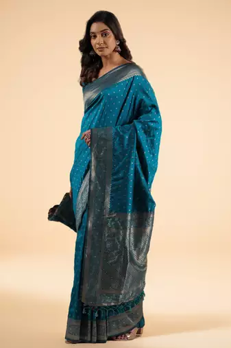 Teal Blue Banarasi art Silk Saree with Silver Zari Weaving