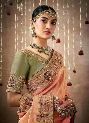 Coral Tissue Dola Silk Zari With Weaving Embroidery & Designer Contras Blouse 3