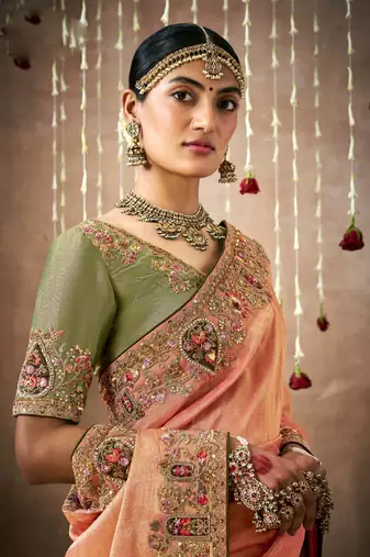 Coral Tissue Dola Silk Zari With Weaving Embroidery & Designer Contras Blouse