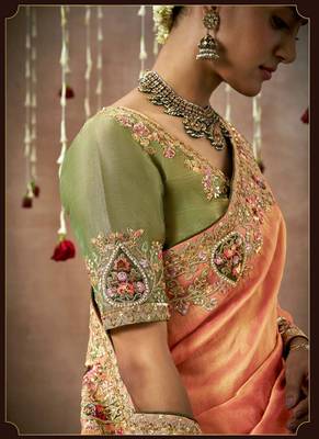 Coral Tissue Dola Silk Zari With Weaving Embroidery & Designer Contras Blouse 4