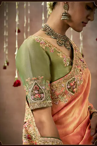 Coral Tissue Dola Silk Zari With Weaving Embroidery & Designer Contras Blouse
