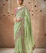 Light Green Tissue Dola Silk Zari With Weaving Embroidery & Designer Contras Blouse