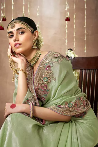 Light Green Tissue Dola Silk Zari With Weaving Embroidery & Designer Contras Blouse