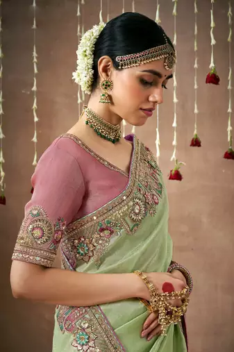 Light Green Tissue Dola Silk Zari With Weaving Embroidery & Designer Contras Blouse