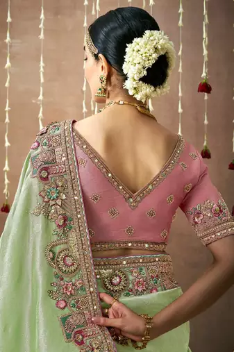 Light Green Tissue Dola Silk Zari With Weaving Embroidery & Designer Contras Blouse