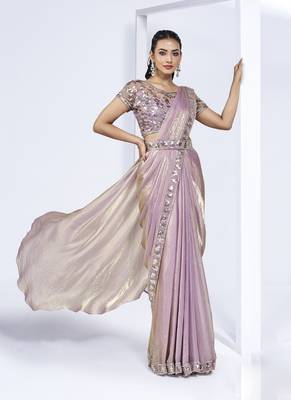 baby pink two tone satin silk handwork pre draped saree with stitched blouse 1