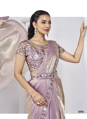 baby pink two tone satin silk handwork pre draped saree with stitched blouse 2