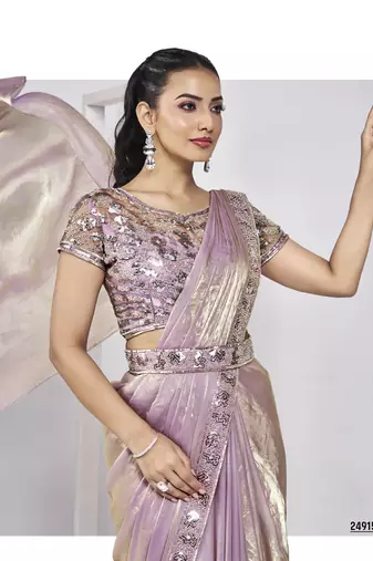 baby pink two tone satin silk handwork pre draped saree with stitched blouse