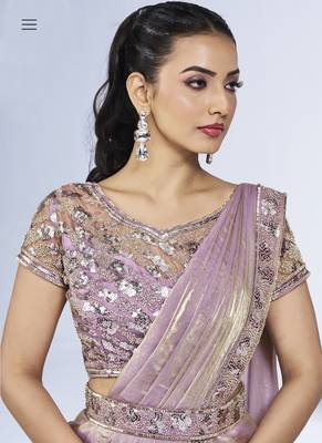 baby pink two tone satin silk handwork pre draped saree with stitched blouse 3