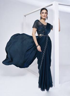 ready made navy blue two tone satin silk handwork saree with stitched blouse 1
