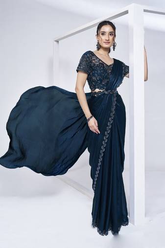 Navy Blue Two Tone Satin Silk Handwork Ready to wear Saree with Stitched Blouse