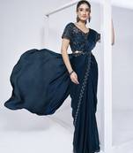 ready to wear navy blue two tone satin silk handwork saree with stitched blouse