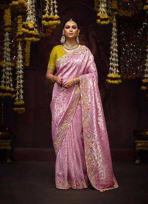 Onion Pink Pure Banarasi Kanjivaram Heavy Work Border Designer Saree 1