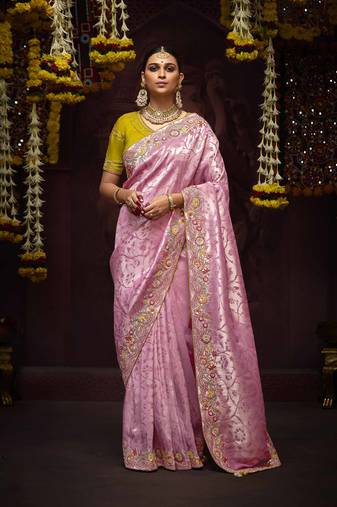 Onion Pink Pure Banarasi Kanjivaram Heavy Work Border Designer Saree