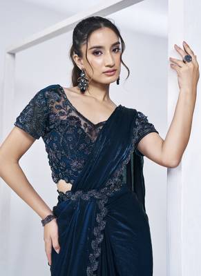 ready made navy blue two tone satin silk handwork saree with stitched blouse 2