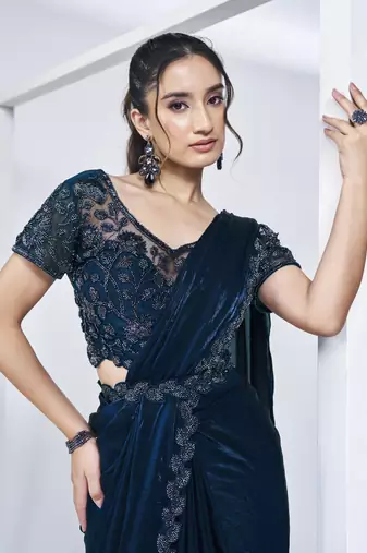 ready made navy blue two tone satin silk handwork saree with stitched blouse