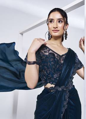 ready made navy blue two tone satin silk handwork saree with stitched blouse 3