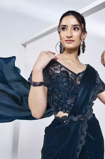ready made navy blue two tone satin silk handwork saree with stitched blouse