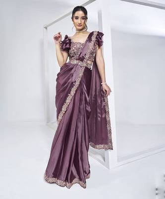 pre-stitched mauve crepe satin silk handwork saree with stitched blouse 1