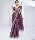 ready to wear mauve crepe satin silk handwork saree with stitched blouse