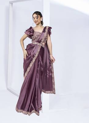 pre-stitched mauve crepe satin silk handwork saree with stitched blouse 2