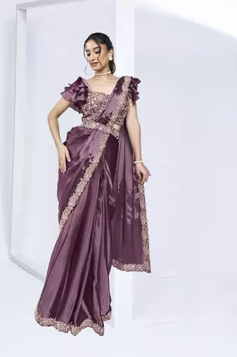 pre-stitched mauve crepe satin silk handwork saree with stitched blouse