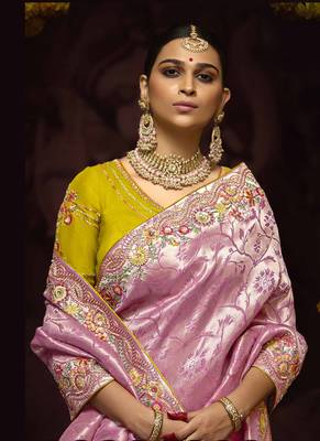 Onion Pink Pure Banarasi Kanjivaram Heavy Work Border Designer Saree 4