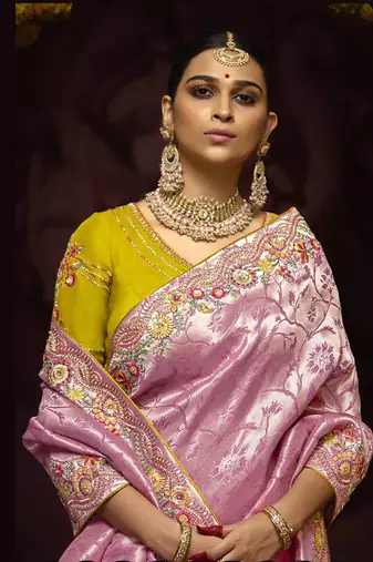 Onion Pink Pure Banarasi Kanjivaram Heavy Work Border Designer Saree
