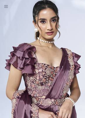 pre-stitched mauve crepe satin silk handwork saree with stitched blouse 3