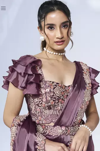 pre-stitched mauve crepe satin silk handwork saree with stitched blouse