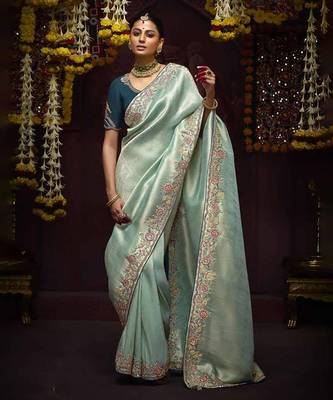 Light teal pure banarasi kanjivaram heavy work border designer saree 1