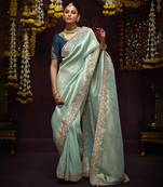 Light teal pure banarasi kanjivaram heavy work border designer saree