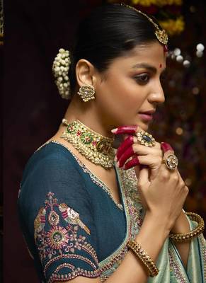 Light teal pure banarasi kanjivaram heavy work border designer saree 2