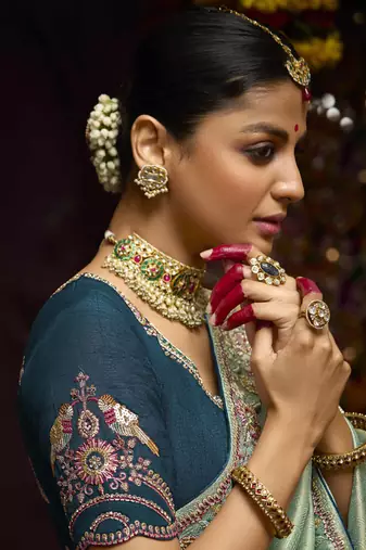 Light teal pure banarasi kanjivaram heavy work border designer saree