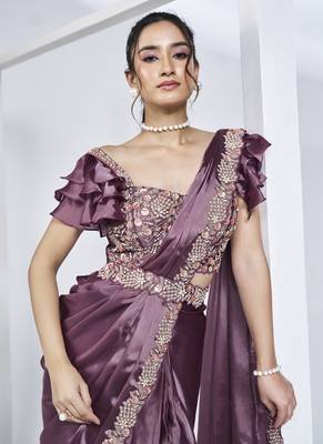 pre-stitched mauve crepe satin silk handwork saree with stitched blouse 4